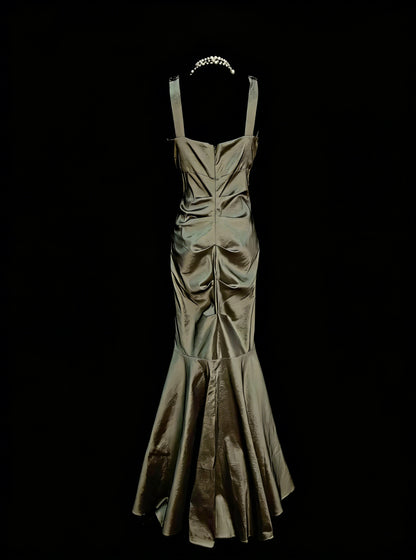 Vintage-Abendkleider, ästhetisch, Meerjungfrauenstil, hoher Kragen, olivgrün, lang, inspirierend, formelle Partykleider N1827