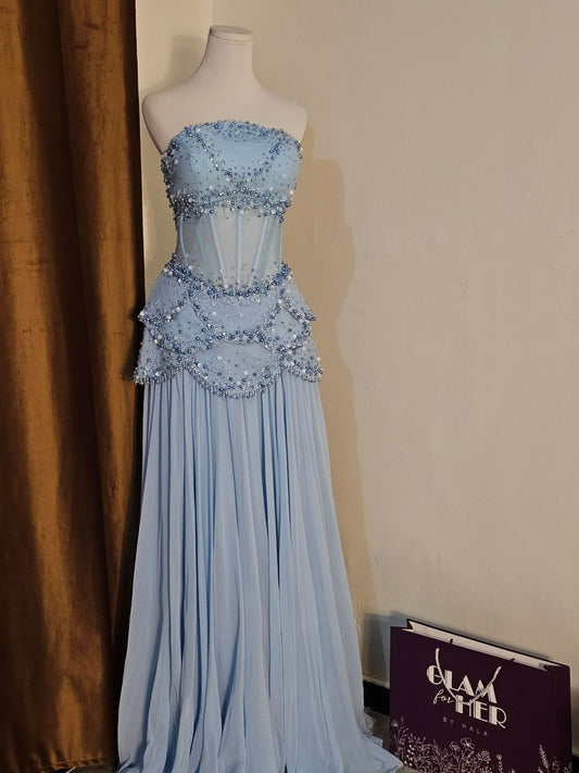Luxury Baby Blue Pearl Chiffon Prom Dress Princess Birthday Dress For Women AB1455