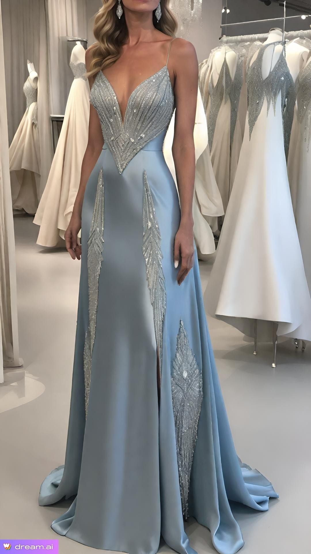 Meerjungfrauen-Abendkleid mit Schleppe, blau mit Perlen besetzt, eleganter Meerjungfrauen-Stil, festliches Kleid im Promi-Stil für Damen AB1454