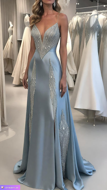 Meerjungfrauen-Abendkleid mit Schleppe, blau mit Perlen besetzt, eleganter Meerjungfrauen-Stil, festliches Kleid im Promi-Stil für Damen AB1454