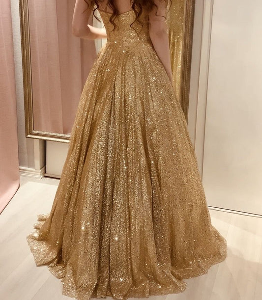 Sparkly Ball Gown Prom Dresses For Women Spaghetti Straps Gold Sequin Party Gown Birthday Gowns N1663
