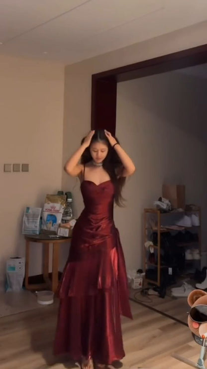 Elegantes, burgunderrotes Chiffon-Abendkleid im Meerjungfrauenstil mit Spaghettiträgern, formelles Abendkleid AB542