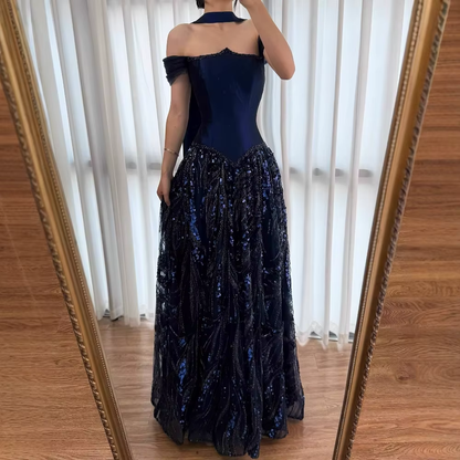 Maßgeschneidertes Abendkleid in Marineblau, Luxuskleid Sharon Happy, AB1049