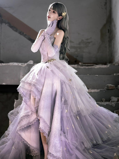 Elegantes, trägerloses, lila Satin-Abendkleid mit Spitze und asymmetrischem Saum, langes Partykleid, Abschlusskleid, formelles Abendkleid AB1959