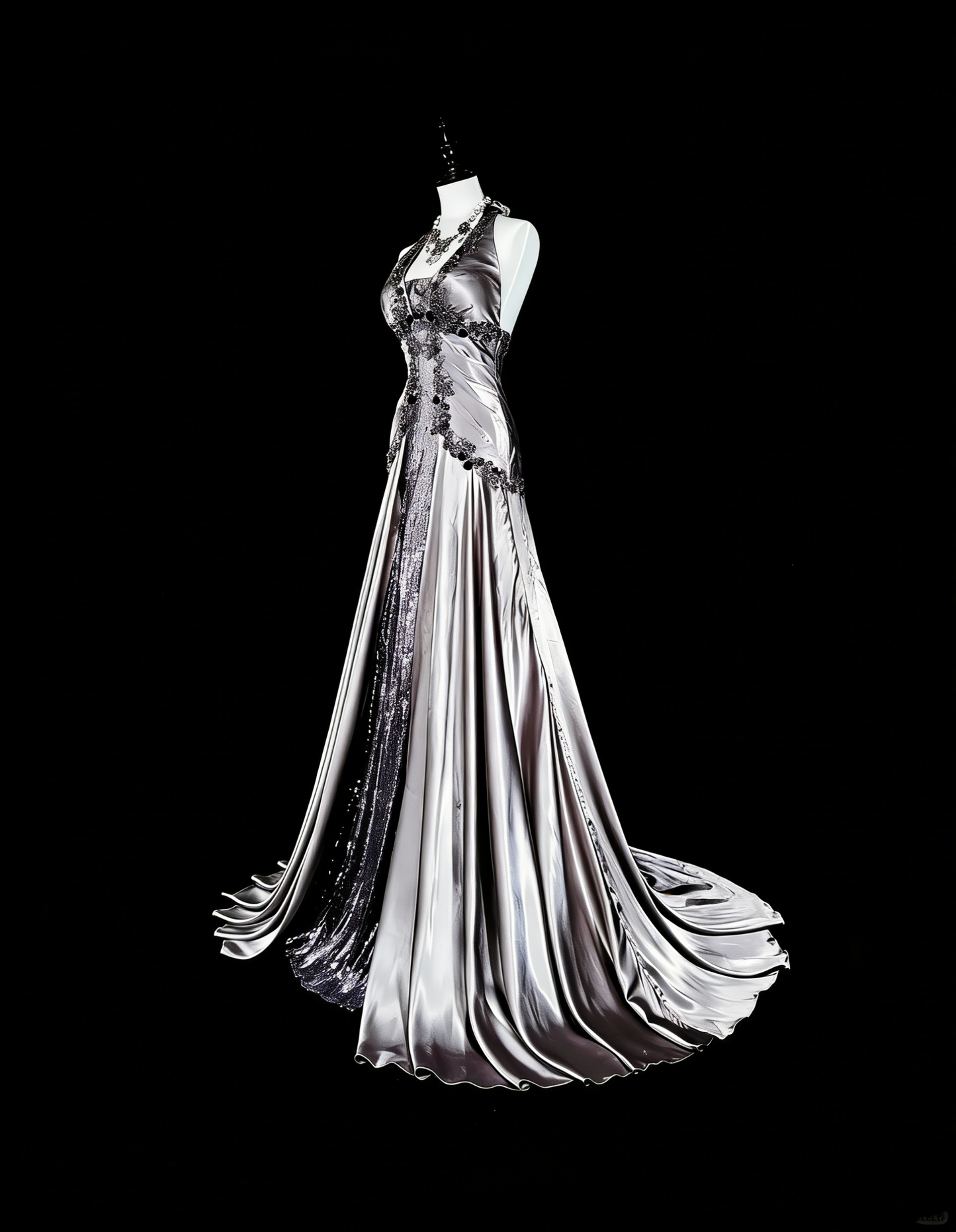 Vintage-Abendkleider, ästhetisches Meerjungfrauen-Neckholderkleid, silbergrauer Taft, klassisches Partykleid mit Kristallen und Strasssteinen, N2000