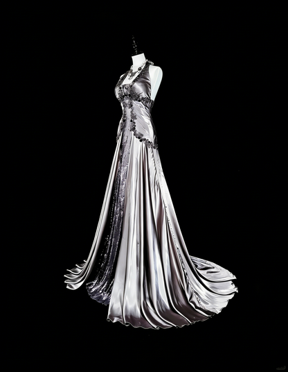 Vintage-Abendkleider, ästhetisches Meerjungfrauen-Neckholderkleid, silbergrauer Taft, klassisches Partykleid mit Kristallen und Strasssteinen, N2000
