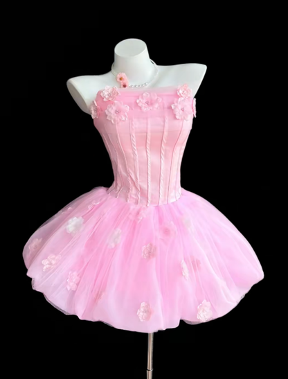 Pretty Ball Gown Strapless Pink Tulle Short Mini Party Homecoming Dresses High School Ideas Inspo 16th Birthday Outfits RB7355