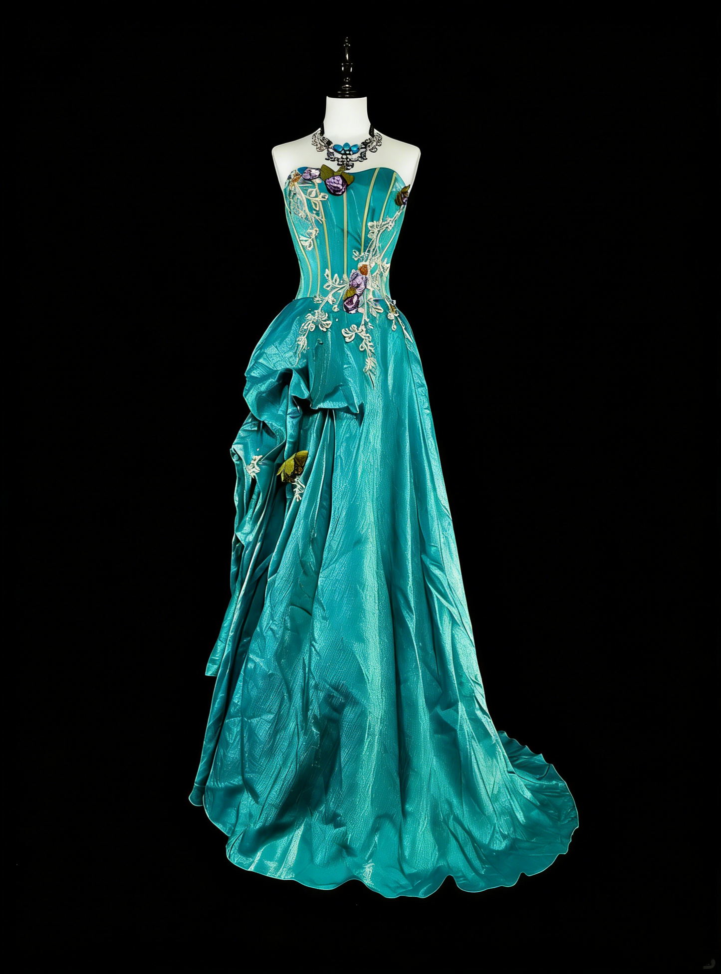 Robe de bal longue vintage années 70, coupe trapèze, sans bretelles, en satin bleu orné d'appliqués, idéale pour les soirées et les fêtes (N1830)