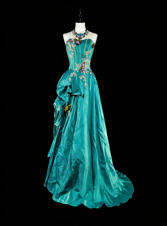 Vintage A line Strapless Blue 70s Satin With Appliques Long Prom Gown Party Wear Fashion Dresses N1830
