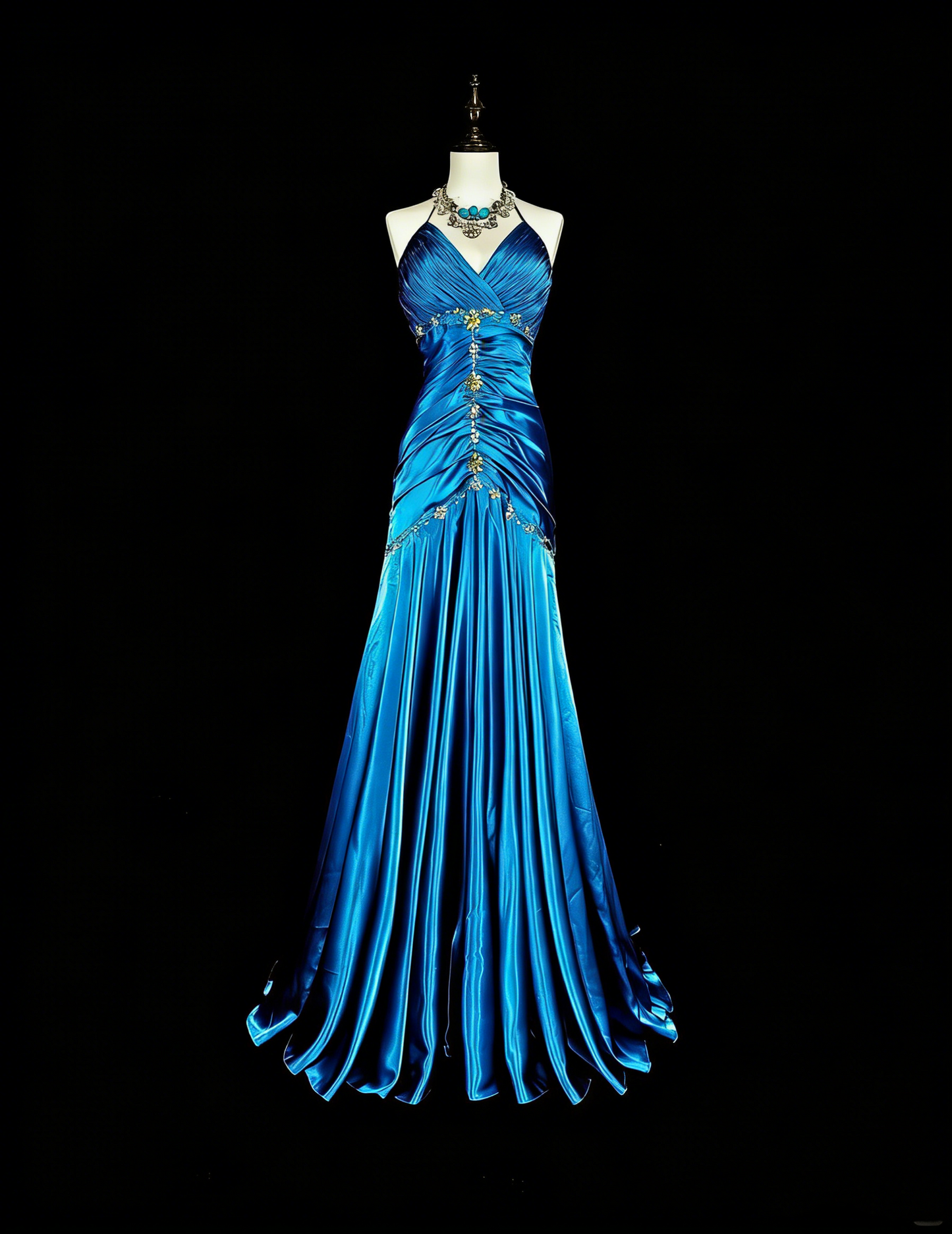 Robes de bal vintage Sirène Halter Satin Bleu Perlé Longue Robe de soirée N2378