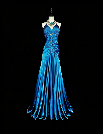 Robes de bal vintage Sirène Halter Satin Bleu Perlé Longue Robe de soirée N2378