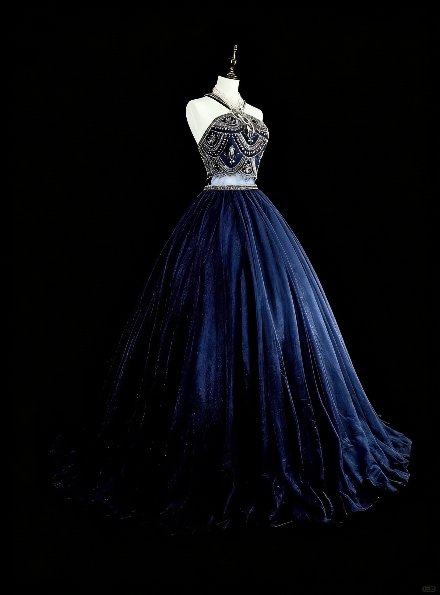 Vintage Ballkleid, hochgeschlossen, marineblauer Tüll mit Perlenstickerei, ärmellos, 70er-Jahre-Stil, langes formelles Abendkleid N1485