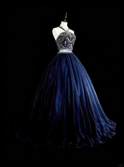 Vintage Ballkleid, hochgeschlossen, marineblauer Tüll mit Perlenstickerei, ärmellos, 70er-Jahre-Stil, langes formelles Abendkleid N1485