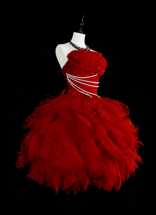 Unique Ball Gown Strapless Tulle Red Inspo Vintage Fashion 2000s Hoco Gowns Short Inspo Homecoming Dresses N2017