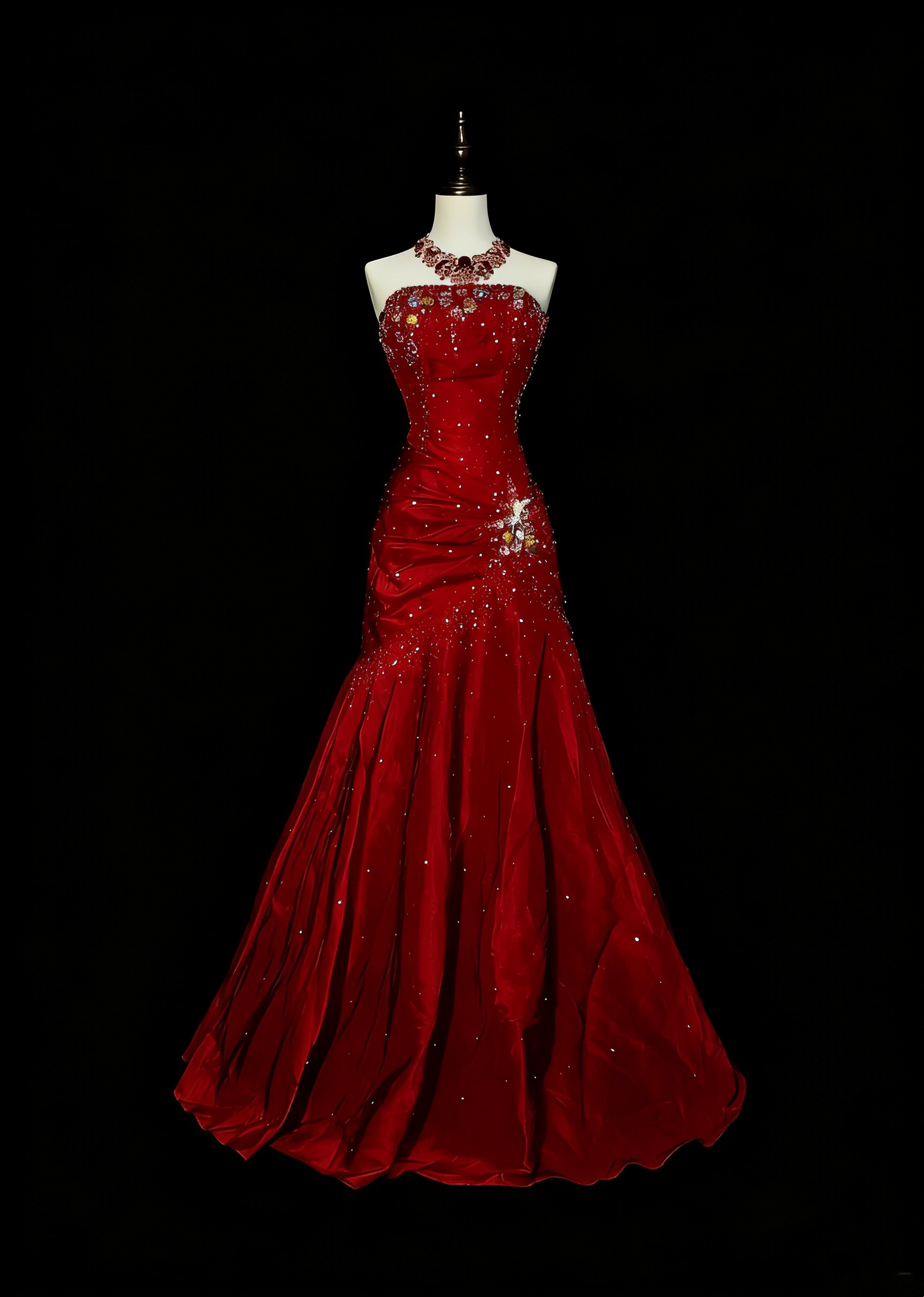 Vintage Meerjungfrauen-Kleid, trägerlos, roter Satin, 90er Jahre, mit Perlenstickerei, langes, formelles Abendkleid N1380
