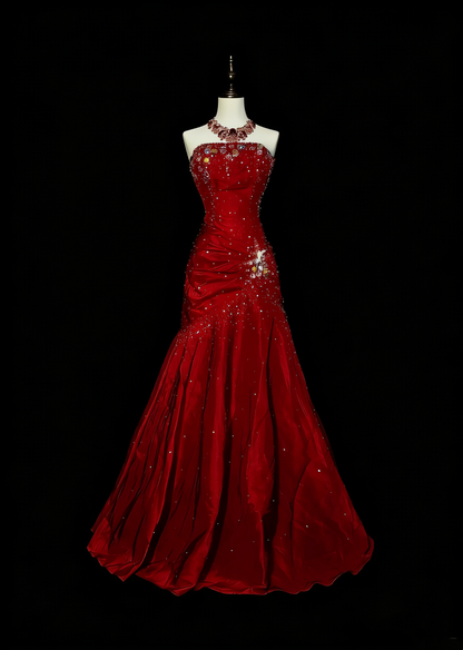 Vintage Meerjungfrauen-Kleid, trägerlos, roter Satin, 90er Jahre, mit Perlenstickerei, langes, formelles Abendkleid N1380