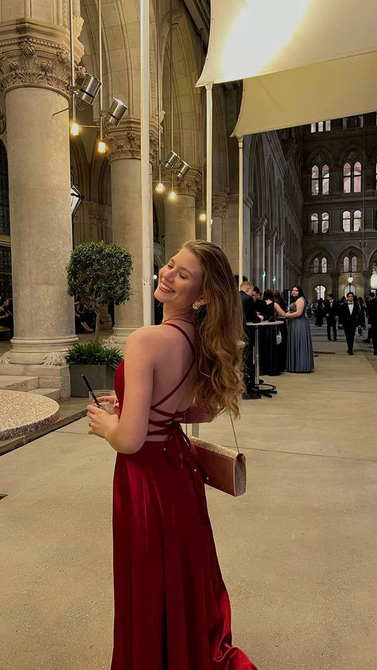 Robe de bal bordeaux simple à bretelles spaghetti et dos nu pour adolescentes - AB1037
