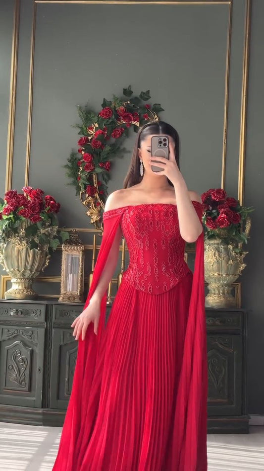 Elegantes, schulterfreies, rotes Chiffon-Abendkleid in A-Linie mit langen Ärmeln, ideal für Abschlussball, Party und Party. AB2149
