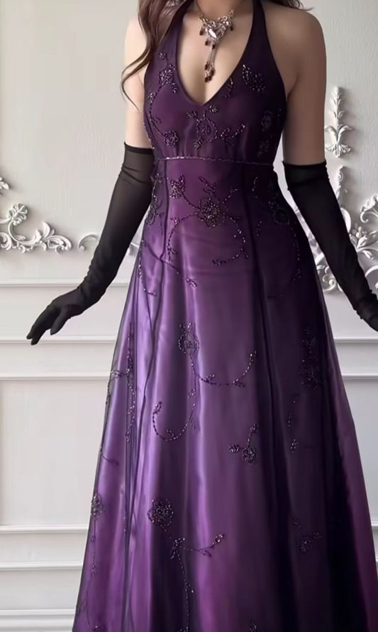 Vintage 80s A line Halter Grape Satin With Beading Formal Dress 18th Birthday Prom Dresses N2771