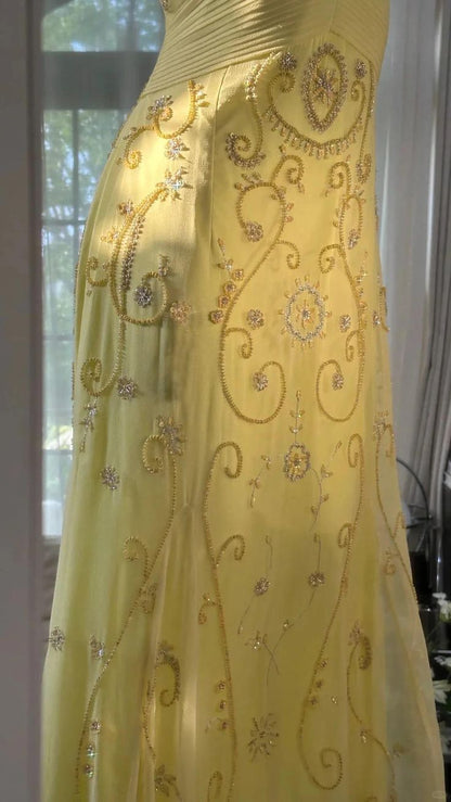 Robe de bal jaune unique, longue, dos nu perlée, tenue de bal Vestidos De Dia AB517
