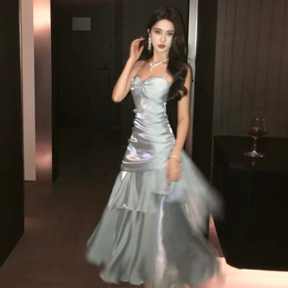 Robe de bal de fin d'année pour fille, style sirène, bleu ciel clair, bretelles spaghetti, NN829