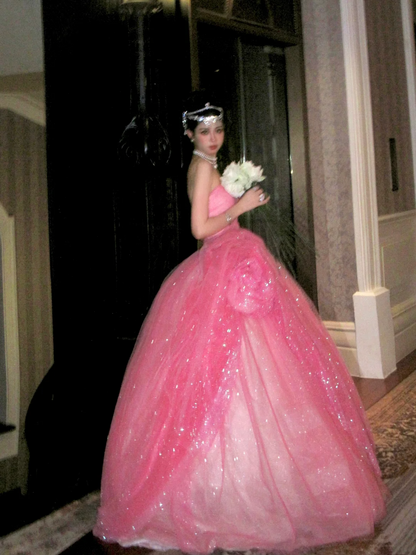 Glitzerndes, trägerloses, langes, pinkfarbenes Pailletten-Ballkleid für Quinceañera, Geburtstag, Sweet 15 und 16 (Luxus-Outfit Nr. 74)