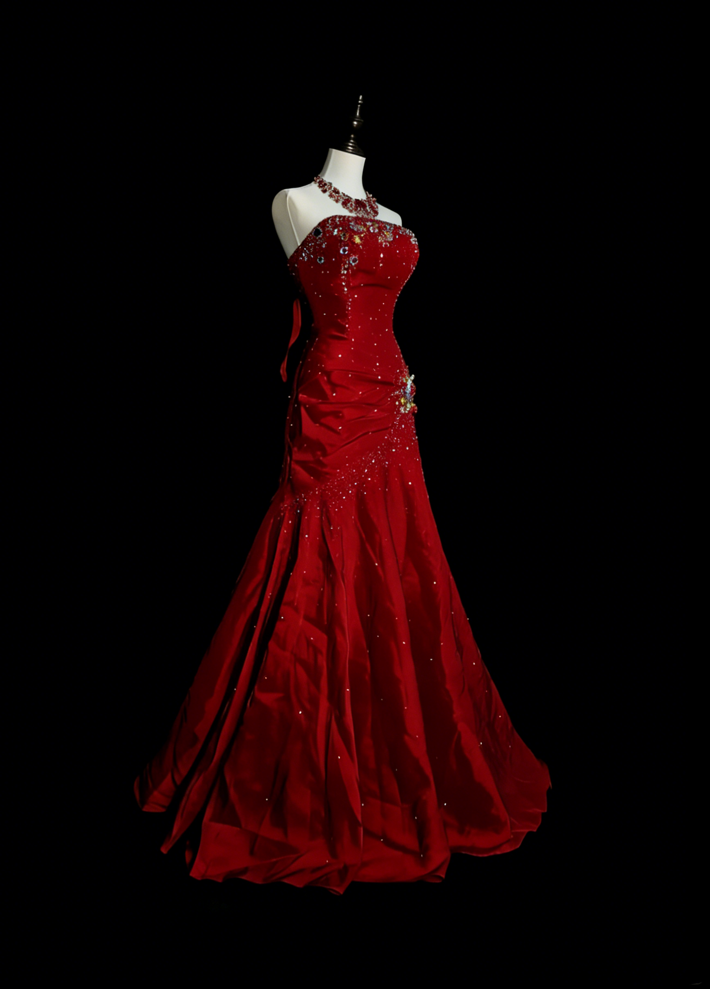 Vintage Meerjungfrauen-Kleid, trägerlos, roter Satin, 90er Jahre, mit Perlenstickerei, langes, formelles Abendkleid N1380