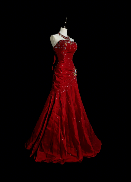 Vintage Meerjungfrauen-Kleid, trägerlos, roter Satin, 90er Jahre, mit Perlenstickerei, langes, formelles Abendkleid N1380