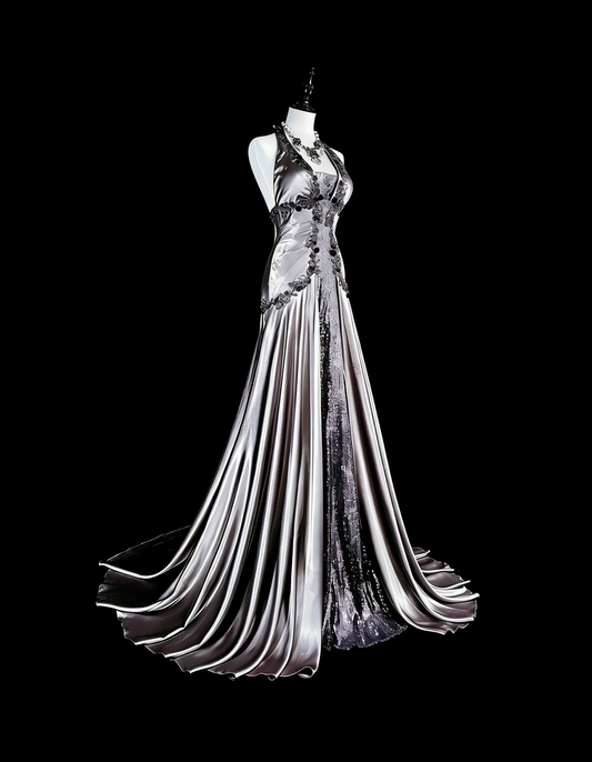Vintage Prom Dresses Aesthetic Mermaid Halter Silver Grey Taffeta Classic Inspo Party Dress With Crystals Gem N2000
