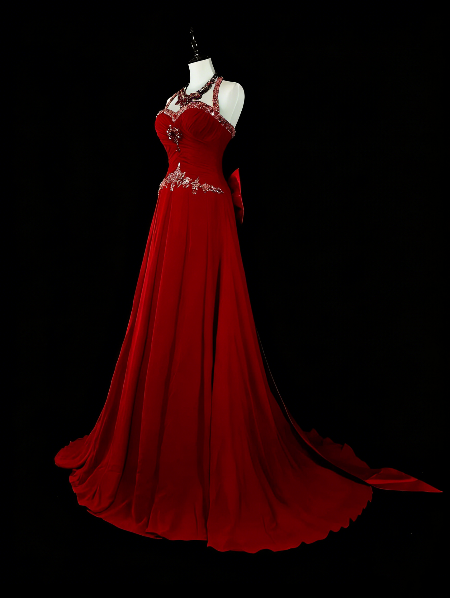Vintage 1760s A Line Halter Red With Back Bow-knot Sleeveless Pleated Long Prom Dresses N1587