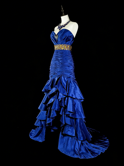 Robes de bal vintage Sirène Cœur Bleu Royal Haut Bas Avec Perles Longue Robe de Soirée N2370