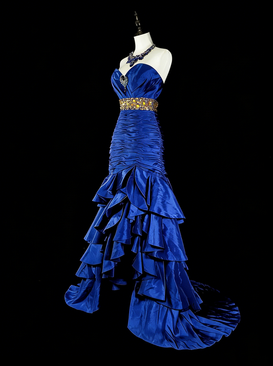 Vintage Prom Dresses Mermaid Sweetheart Royal Blue High Low With Beads Long Party Dress N2370