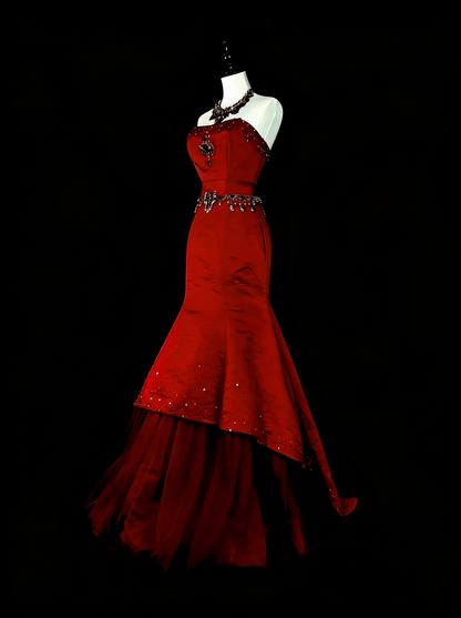 Robe de bal de printemps sirène bustier rouge en tulle, modèle N1426