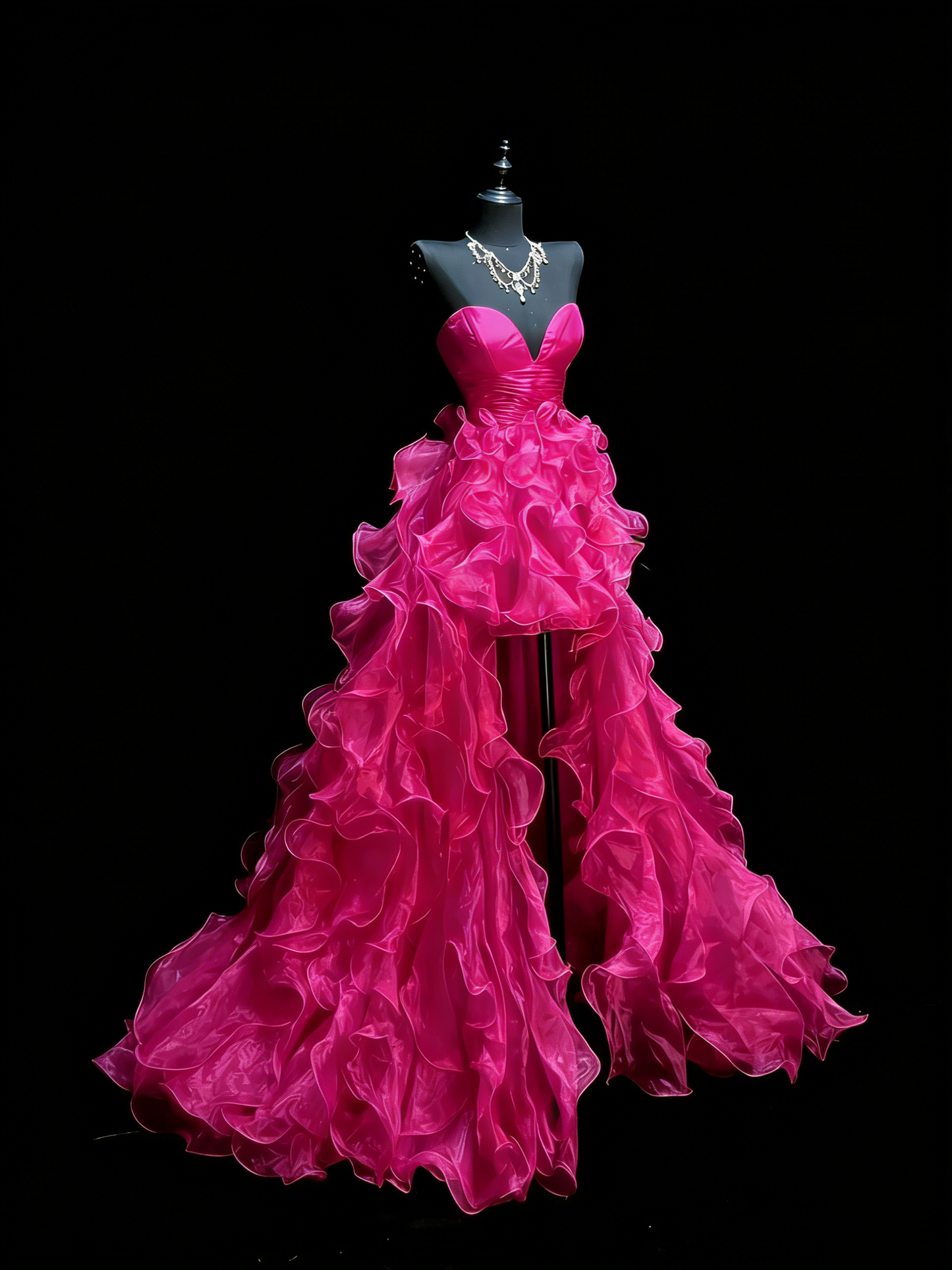 Robe de bal longue élégante en organza rose fuchsia, coupe asymétrique et décolletée, inspiration N1195