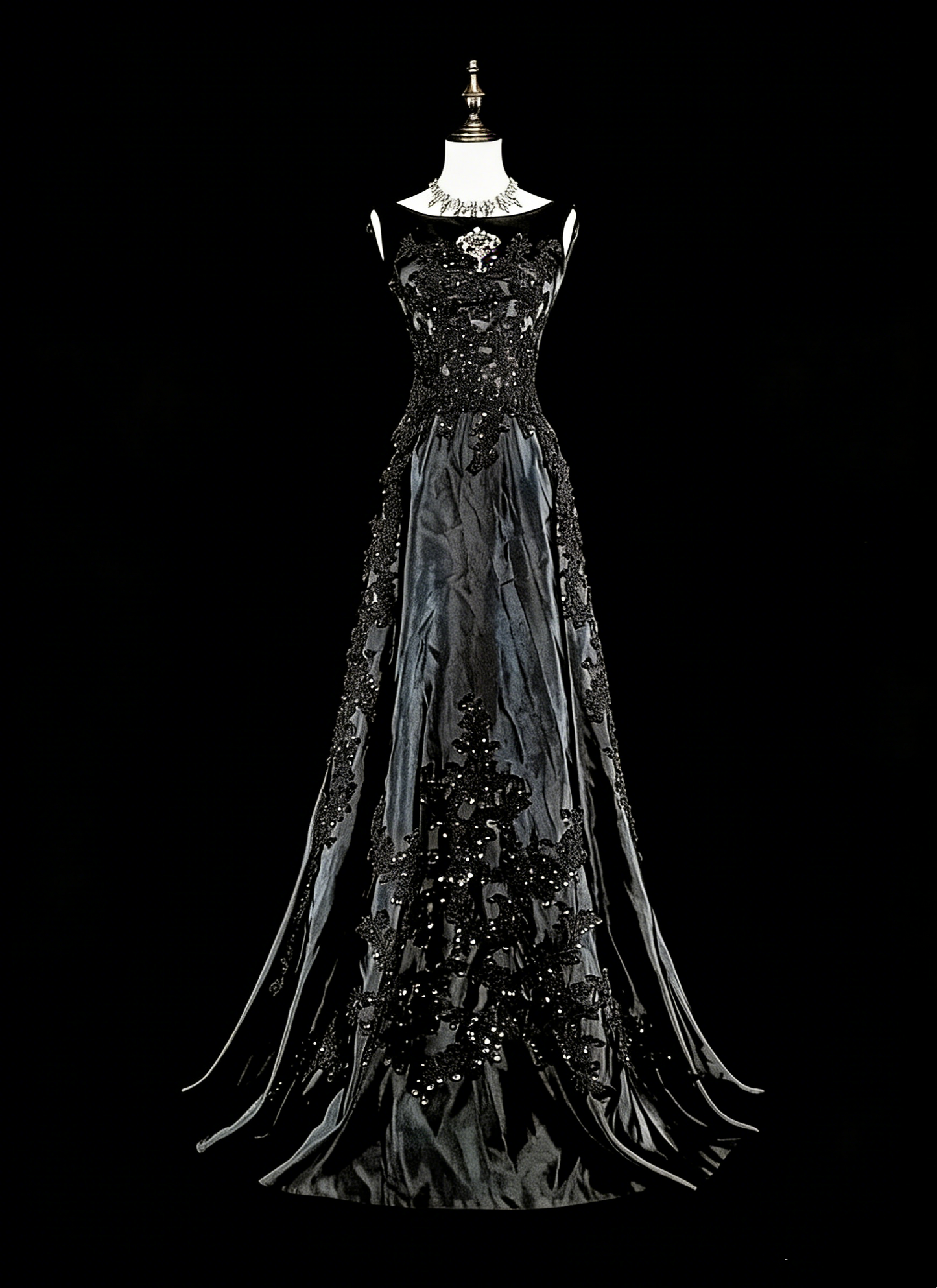 Vintage Abschlussballkleider Ästhetisch A-Linie Rundhals Schwarz Tüll mit Applikationen Langes Abendkleid N2158