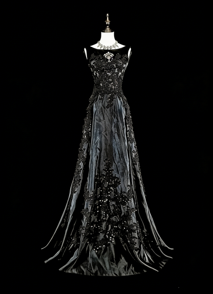 Vintage Abschlussballkleider Ästhetisch A-Linie Rundhals Schwarz Tüll mit Applikationen Langes Abendkleid N2158