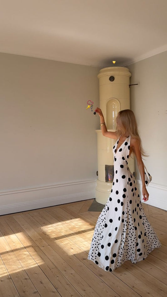 Modest Night Aesthetic A Line V Neck Black Polka Dot College Formal Outfit Long Prom Graduation Dresses For Teens N1133