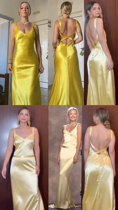 Yellow Mermaid Yellow Satin V-neck Backless Long Evening Prom Dresses Wedding Guest Dress N267