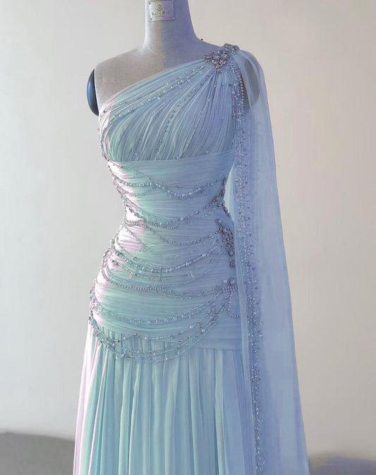 Classy Sheath One Shoulder Pink Long Chiffon Evening Gown Prom Dresses Formal Gowns AB525