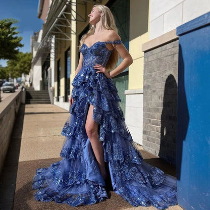 Robe de bal longue en dentelle bleu marine à épaules dénudées et fente, Vestidos De Dia AB530