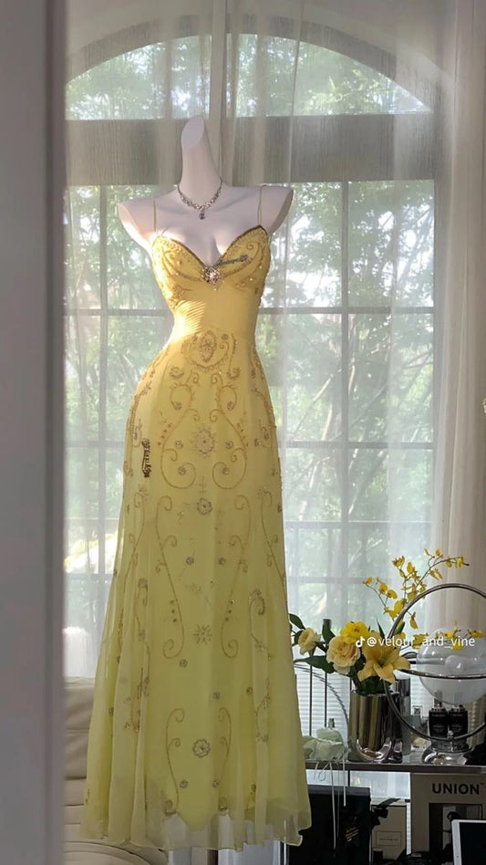 Robe de bal jaune unique, longue, dos nu perlée, tenue de bal Vestidos De Dia AB517