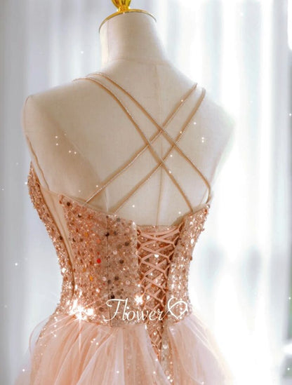Luxury Evening Dresses Train Bride Beach Party Gold Sequins Douber Straps Prom Dresses Formal Gowns AB520