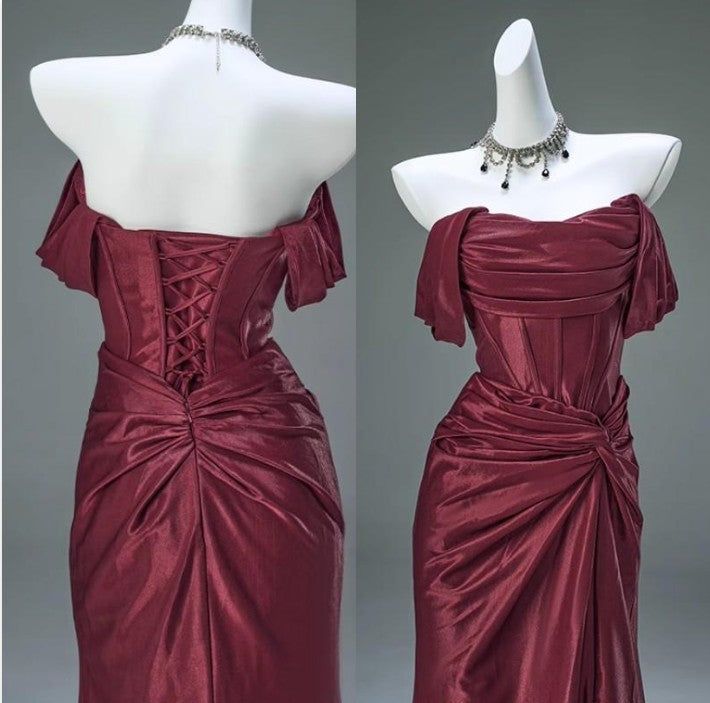 Robe de soirée sirène élégante en satin plissé, robe de bal de fin d'année à épaules dénudées N1870