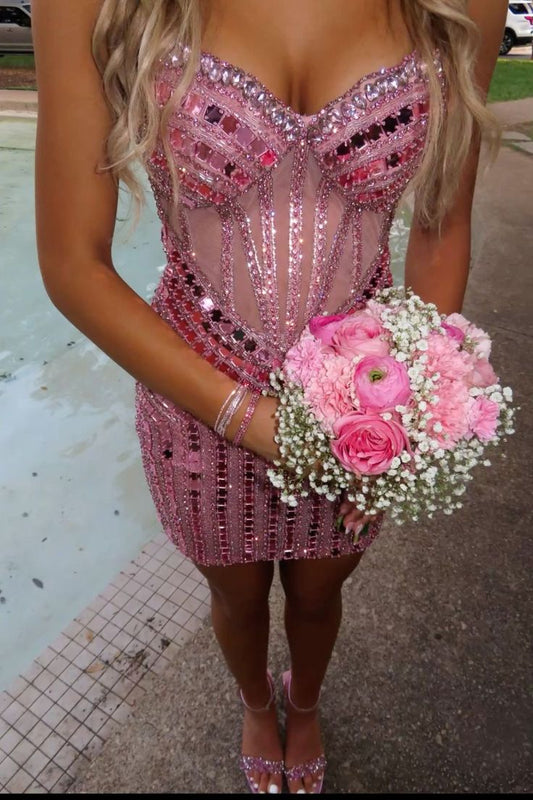 Sophisticated Sheath Sweetheart With Beaded Pink For Barbie Girls Graduation Dress Short Mini Homecoming Dresses Hoco Outfit RB3648