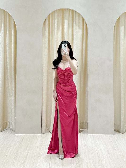 Elegantes, langes, formelles Meerjungfrauen-Abendkleid mit herzförmigem Ausschnitt, pinkfarbenem Satin und Schlitz, AB2191