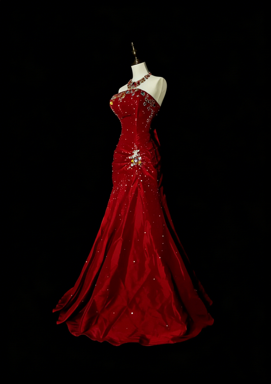 Robe de bal longue sirène vintage en satin rouge sans bretelles, années 90, ornée de perles, référence N1380