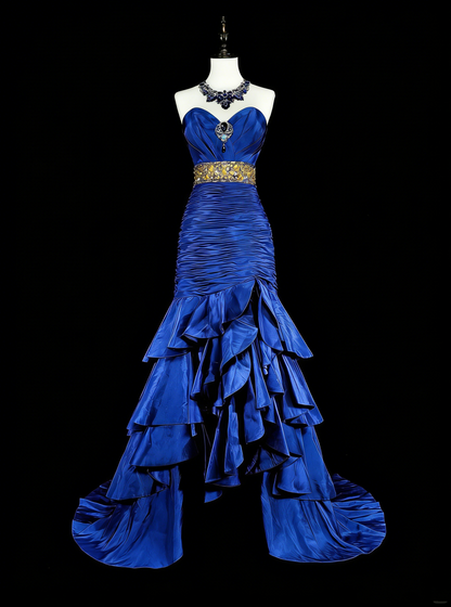 Robes de bal vintage Sirène Cœur Bleu Royal Haut Bas Avec Perles Longue Robe de Soirée N2370