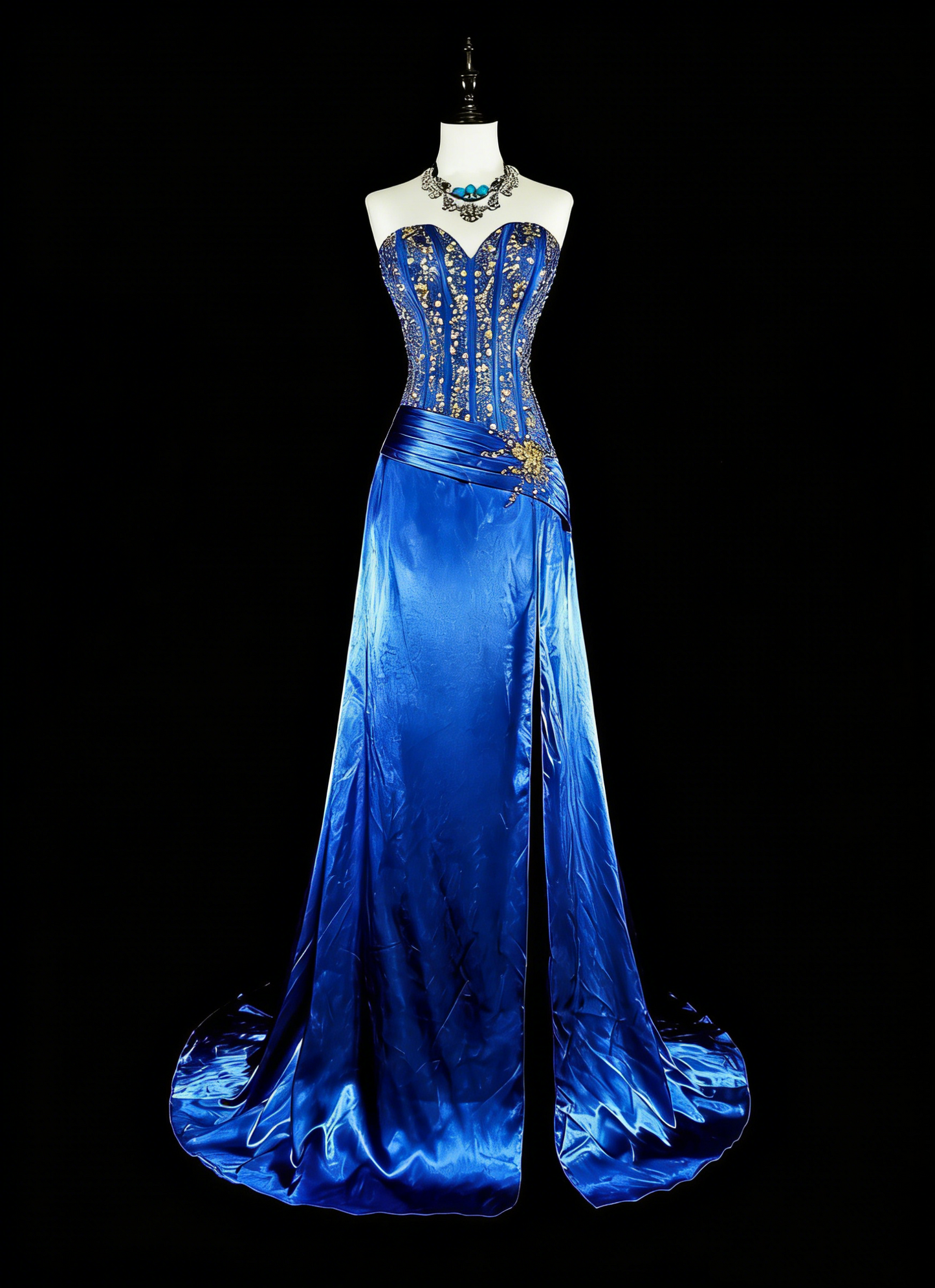 Robe de bal longue vintage bleu roi en satin, coupe trapèze, décolleté cœur, années 70, ornée de perles, référence N1831