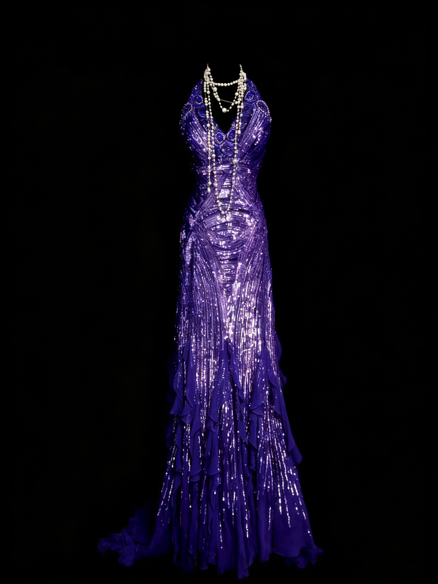 Elegantes, ärmelloses, langes Meerjungfrauen-Abendkleid mit Neckholder, Pailletten und Traubenmuster, N1257
