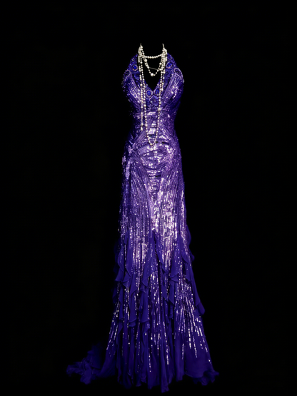 Elegantes, ärmelloses, langes Meerjungfrauen-Abendkleid mit Neckholder, Pailletten und Traubenmuster, N1257